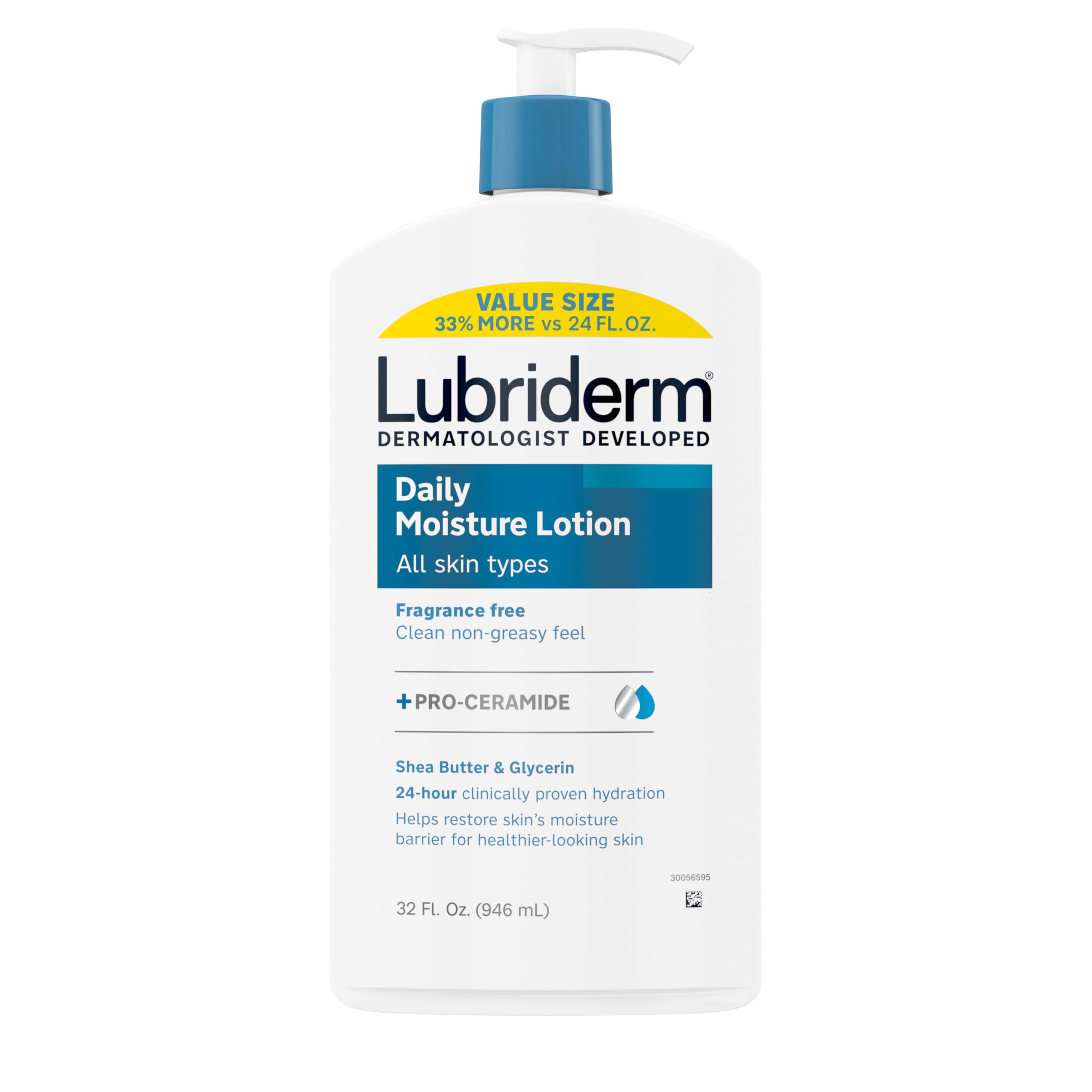 Lubriderm Value-Size Daily Moisture Lotion + Pro-Ceramide with Shea Butter & Glycerin Moisturizes Dry Skin, Hydrating Face, Hand & Body Lotion is Lightly Scented & Non-Greasy, 32 fl. oz